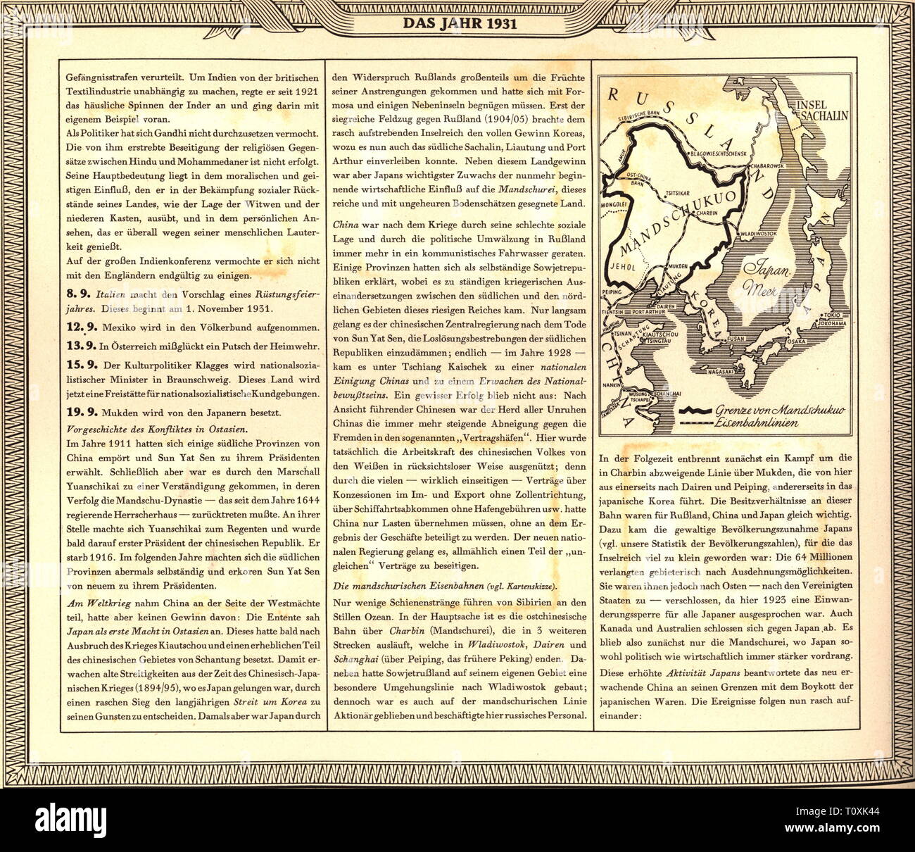 cartography, maps, Manchukuo, 1932 - 1945, scrapbook 'Die Nachkriegszeit', 1935, empire, Manchuria, Japanese puppet state, country, nation, countries, states, Japan, China, USSR, Union of Socialist Soviet Republics, Soviet Union, Korea, railway, railroad, railways, railroads, Sea of Japan, East Asia, 20th century, 1930s, cartography, map printing, maps, map, scrapbook, scrapbooks, post war period, post-war period, post-war years, post-war era, historic, historical, Additional-Rights-Clearance-Info-Not-Available Stock Photo