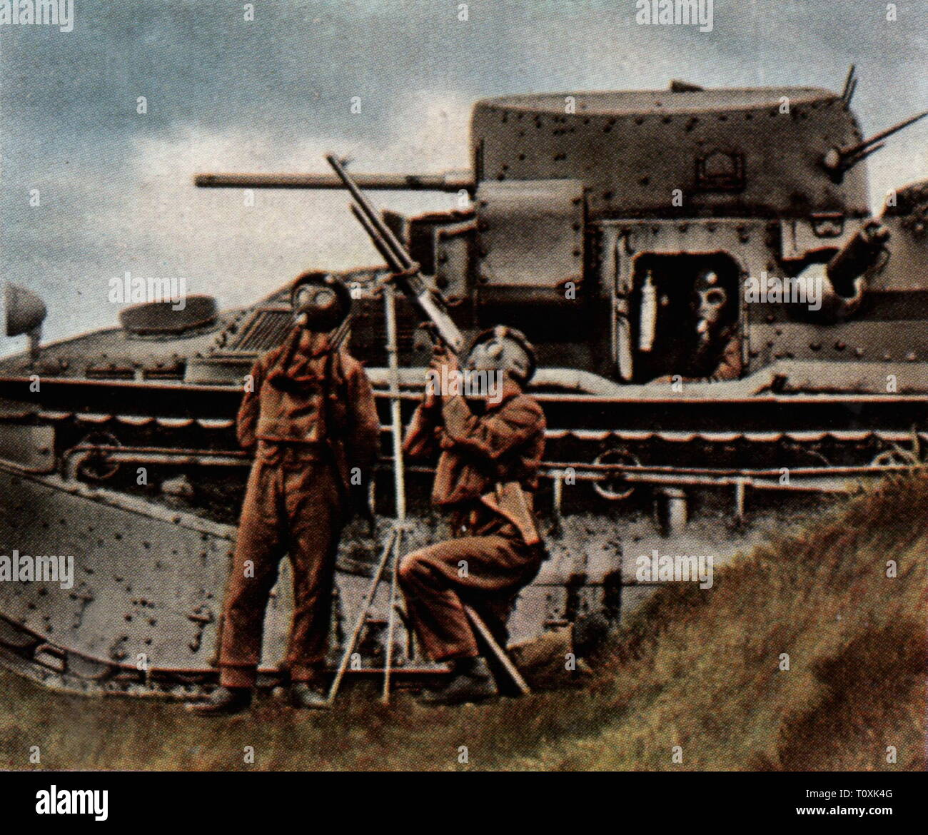 military, Great Britain, army, armoured forces, Vickers A1E1 Independent tank and two soldiers with  anti-aircraft machine gun, circa 1930, coloured photograph, cigarette card, series 'Die Nachkriegszeit', 1935, Royal Tank Corps, armed forces, ground forces, land forces, gas mask, gas masks, United Kingdom, people, 20th century, 1930s, 1920s, army, armies, armoured corps, armored corps, tank force, tank forces, tank, panzer, tanks, soldiers, soldier, machine gun, machine guns, machine-gun, anti-aircraft armament, anti aircraft armament, anti-airc, Additional-Rights-Clearance-Info-Not-Available Stock Photo