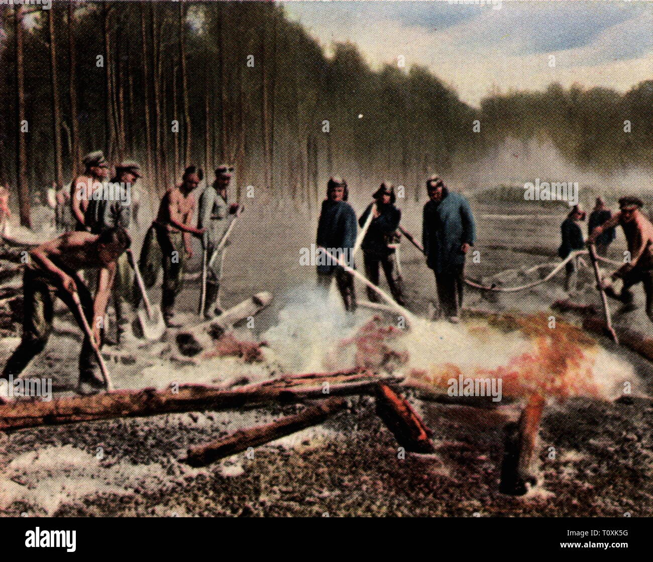 fire, forest fire, members of the Technischen Nothilfe (TN) are helping to put out a forest fire, Germany, spring 1934, coloured photograph, cigarette card, series 'Die Nachkriegszeit', 1935, Technical Emergency Help, TeNo, organizations, organisations, voluntary organization, voluntary organisation, volunteer, volunteers, emergency services, helper, helpers, blaze, forest, forests, catastrophe, catastrophes, combat, combats, German Reich, Third Reich, people, 20th century, 1930s, members, member, helping, help, extinguish, putting out, extinguis, Additional-Rights-Clearance-Info-Not-Available Stock Photo