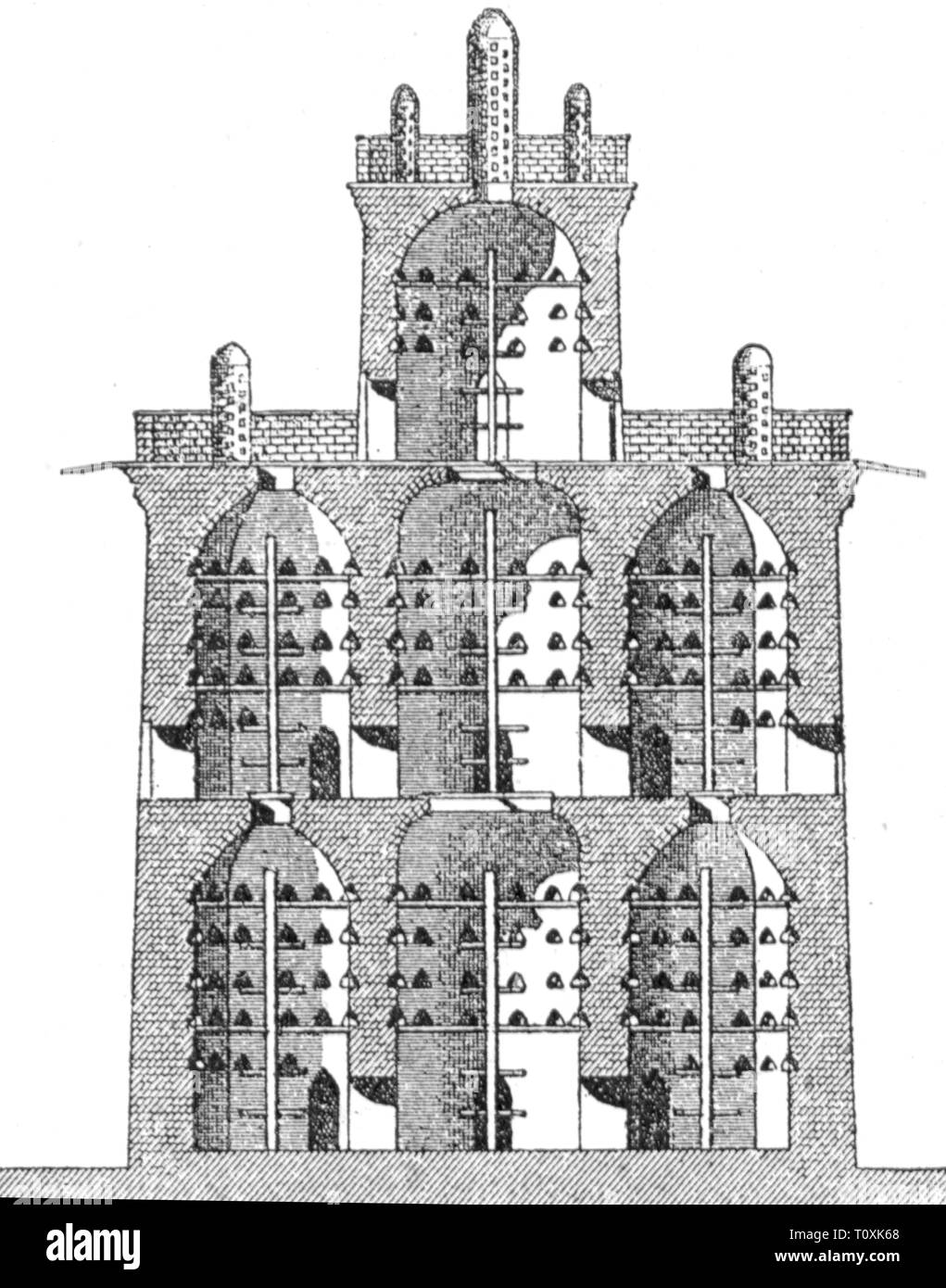 architecture, building, towers, pigeon tower near Esfahan, Iran, 16th / 17th century, cross section, wood engraving, Julius Franz-Pasha 'The Architecture of Islam', 1887, Additional-Rights-Clearance-Info-Not-Available Stock Photo