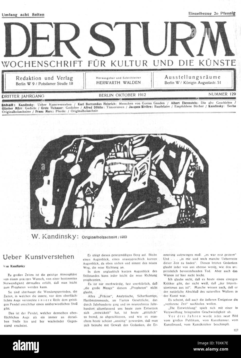 press / media, magazines, 'Der Sturm' (The Storm), front page, editor: Herwarth Walden (1878 - 1941), illustration by Wassily Kanmdinsky, number 129, Berlin, October 1912, Additional-Rights-Clearance-Info-Not-Available Stock Photo