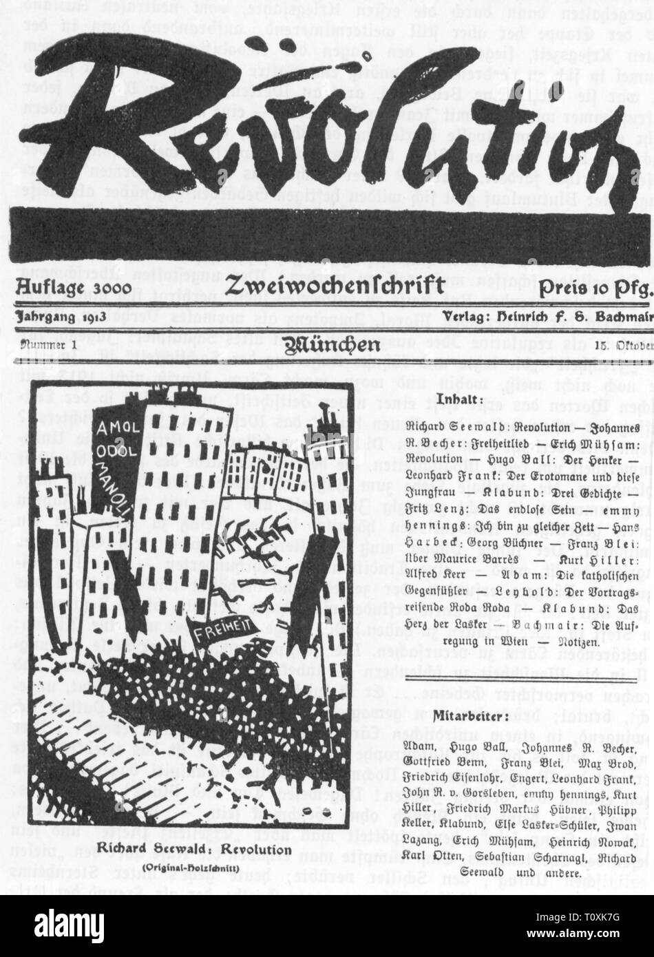 press / media, magazines, 'Revolution', front page, editor: Hans Leybold / Franz Jung, Hugo Ball, illustration 'Revolution' by Richard Seewald, number 1, Munich, 1913, Artist's Copyright has not to be cleared Stock Photo