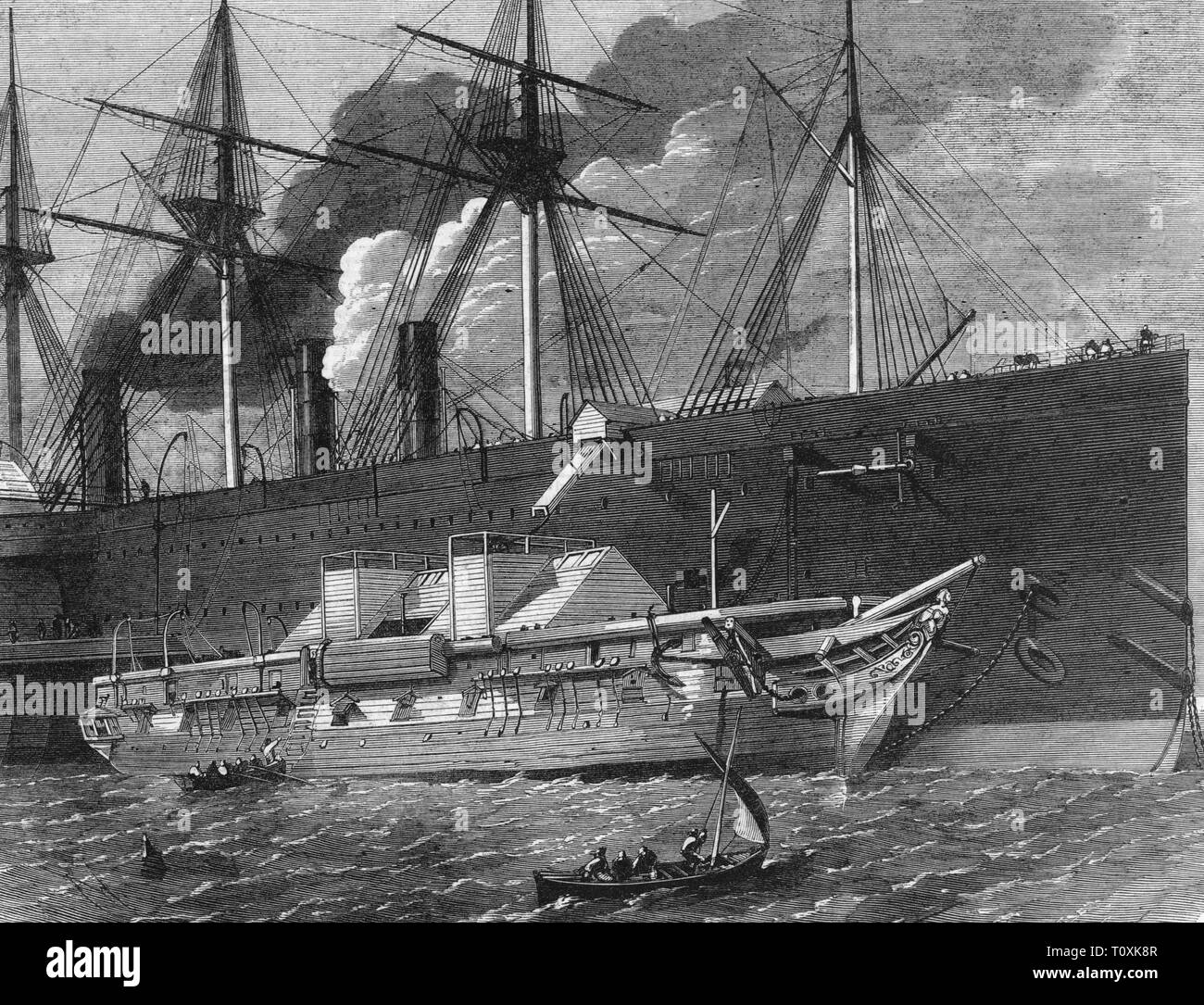 mail, telegraphy, Atlantic cable, laying 1865 - 1866, loading of the cable on the ship 'Great Eastern', wood engraving, 'The London Illustrated News', 1865, cable-laying ship, auxiliary ship, transatlantic communications cable, undersea cable, undersea cables, telegraph cable, laying, lay, lays, laid, lay cable, lay tiles, oversea connection, people, navigation, Atlantic Ocean, Atlantic, sea, seas, waves, wave, 19th century, mail, post, moving, transfer, transferral, shifting, loading, load, cable, cables, ship, ships, historic, historical, Additional-Rights-Clearance-Info-Not-Available Stock Photo