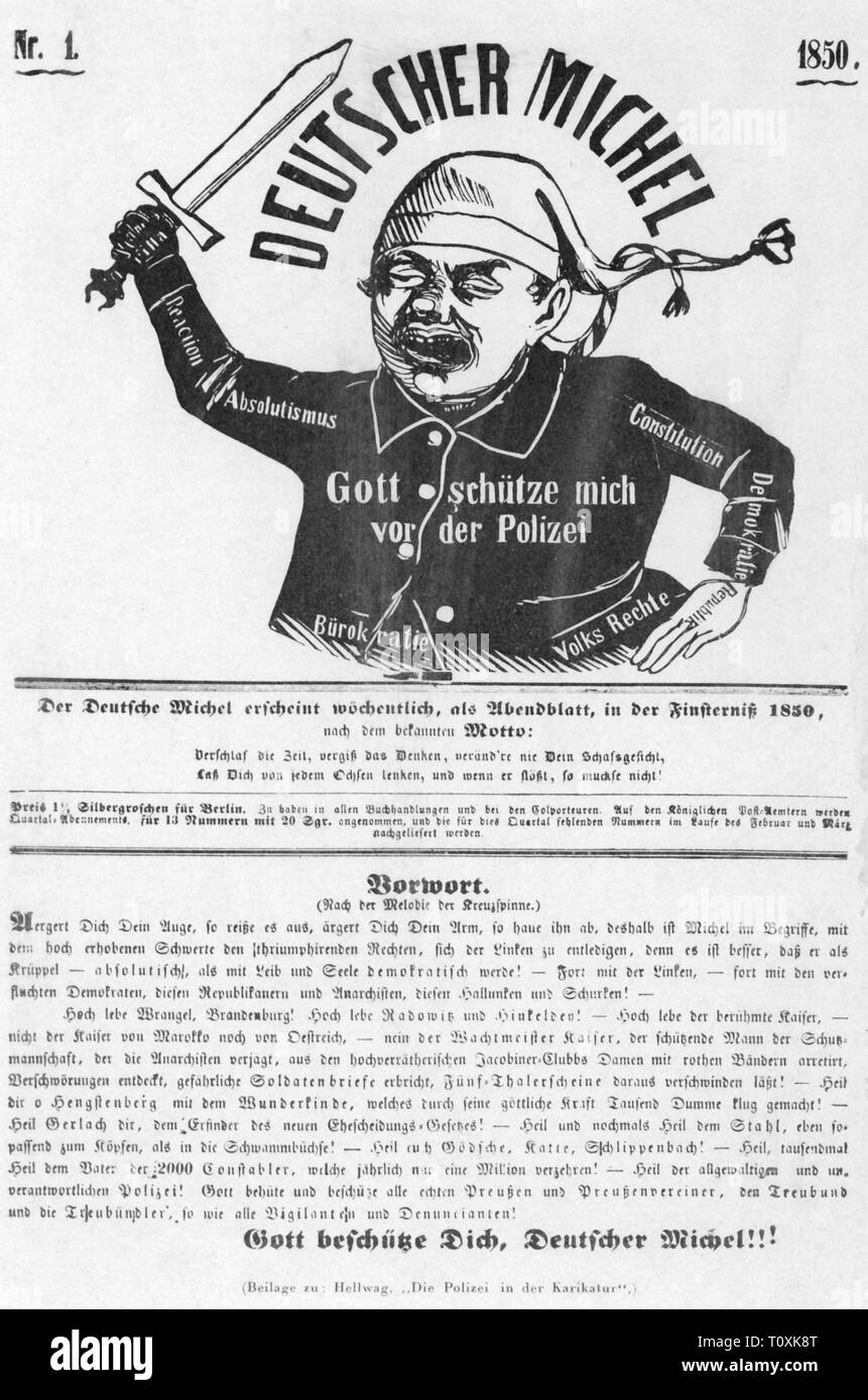 press / media, magazines, 'Deutscher Michel', front page, number 1, Berlin, 1850, Additional-Rights-Clearance-Info-Not-Available Stock Photo