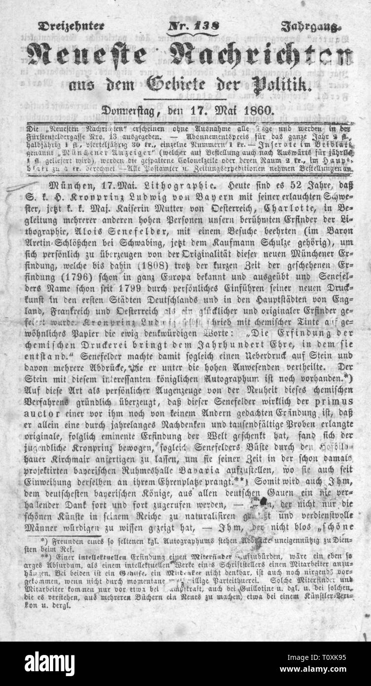 press / media, magazines, 'Neueste Nachrichten aus dem Gebiete der Politik', front page, 13th volume, number 138, Munich, 17.5.1860, Additional-Rights-Clearance-Info-Not-Available Stock Photo