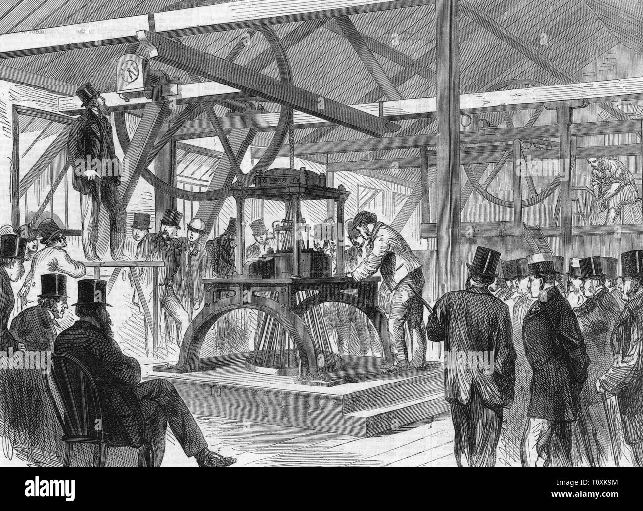 mail, telegraphy, Atlantic cable, laying 1865 - 1866, completion of the cable, Morden Wharf, East Greenvich, wood engraving, 'The London Illustrated News', 1865, Anglo-American Telegraph Company, industry, industries, production, manufacturing, technics, technology, technologies, machine, machines, transatlantic communications cable, undersea cable, undersea cables, telegraph cable, oversea connection, people, 19th century, mail, post, moving, transfer, transferral, shifting, final completion, completion date, cable, cables, historic, historical, Additional-Rights-Clearance-Info-Not-Available Stock Photo
