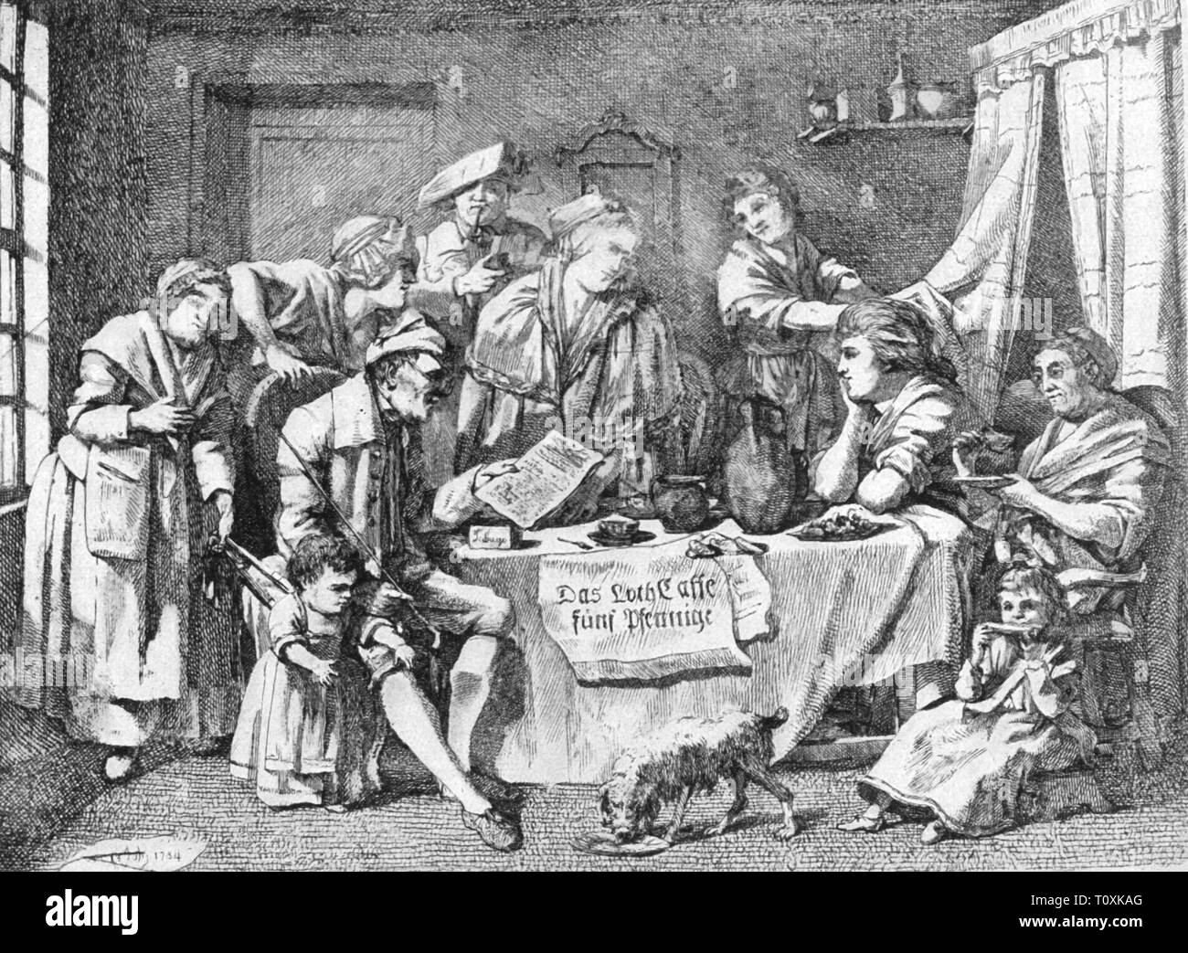 money / finances, contributions and taxes, coffee tax in Prussia, caricature on the 'Kaffeeregie', etching by Johann Gottfried Schadow, 1784, Additional-Rights-Clearance-Info-Not-Available Stock Photo