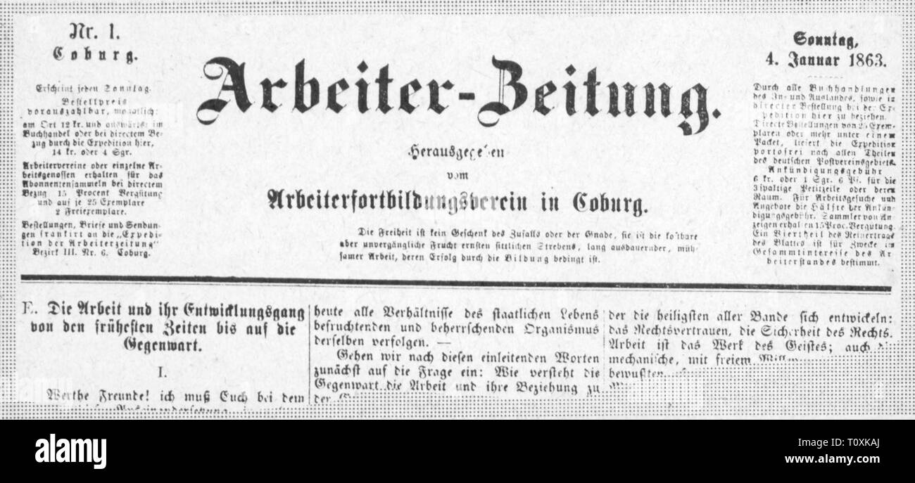 press / media, magazines, 'Arbeiterzeitung' (Workers' Journal), front page, number 1, Coburg, 4.1.1863, Additional-Rights-Clearance-Info-Not-Available Stock Photo