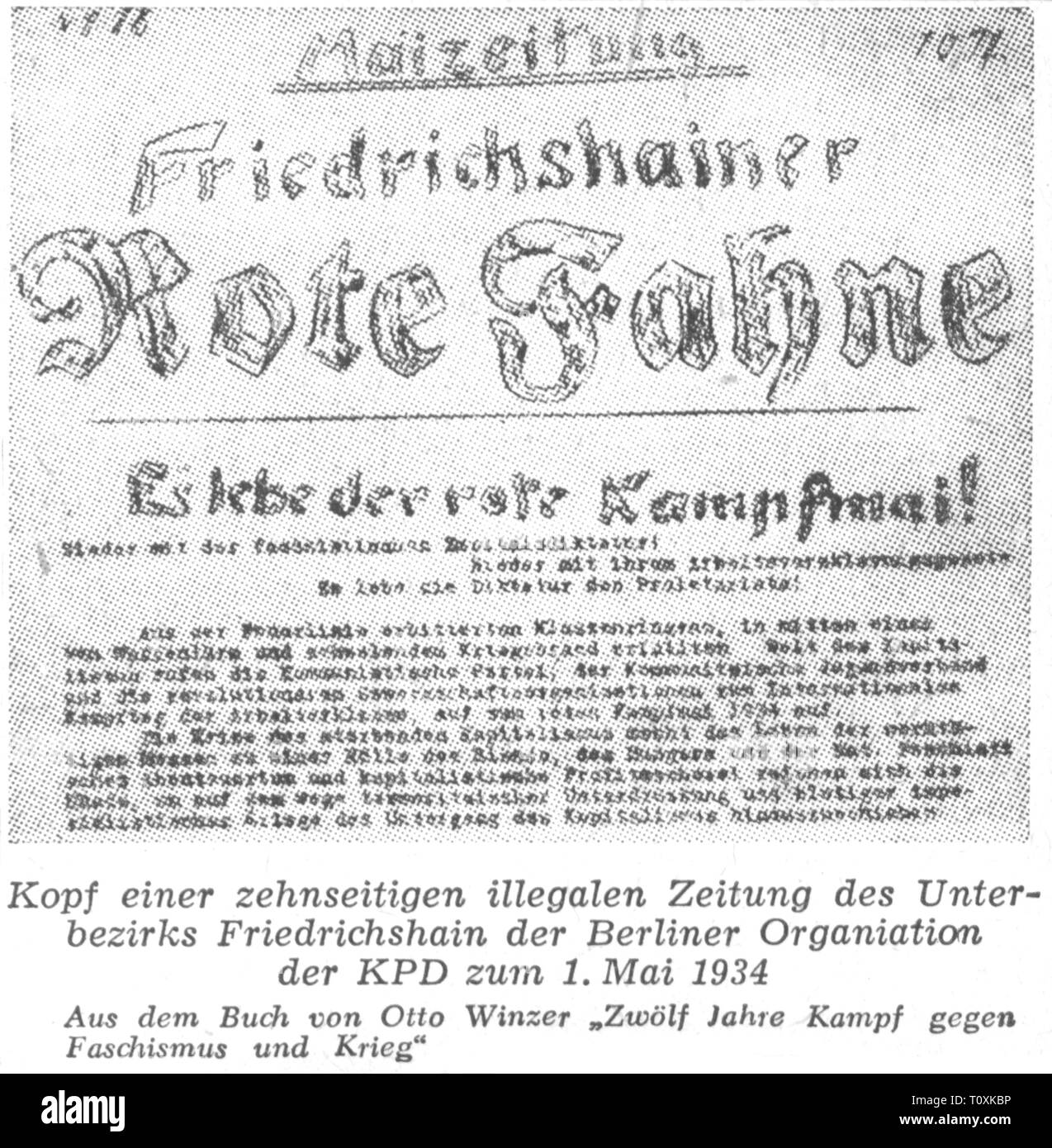 press / media, magazines, 'Friedrichshainer Rote Fahne' (Friedrichshain Red Flag), front page, Berlin, 1.5.1934, Additional-Rights-Clearance-Info-Not-Available Stock Photo