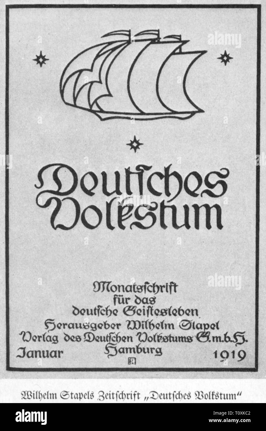 press / media, magazines, 'Deutsches Volkstum' (German Identity), front page, editor: Wilhelm Stapel (1882 - 1954), Hamburg, January 1919, Artist's Copyright has not to be cleared Stock Photo
