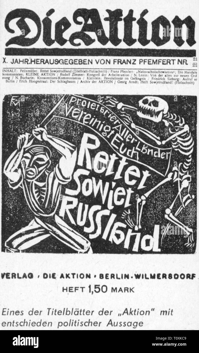 press / media, magazines, 'Die Aktion', front page, with woodcut by Georg Arndt, editor: Franz Pfemfert (1879 - 1954), X volume, number 21 / 22, Berlin, 1920, Artist's Copyright has not to be cleared Stock Photo