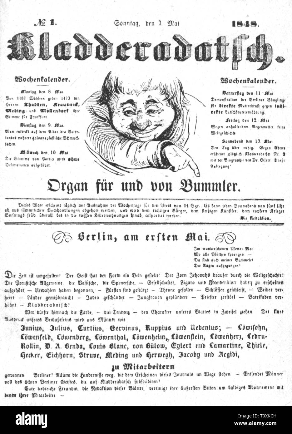 press / media, magazines, 'Kladderadatsch', front page, number 1, Berlin, 7.5.1848, Germany, Prussia, graphic, graphics, script, scripts, title, titles, german type, satirical magazine, humor, humour, satire, drawing, typo, typeface, type, typefaces, fonts, types, font, first issue, 19th century, press, presses, number, numbers, historic, historical, people, Additional-Rights-Clearance-Info-Not-Available Stock Photo