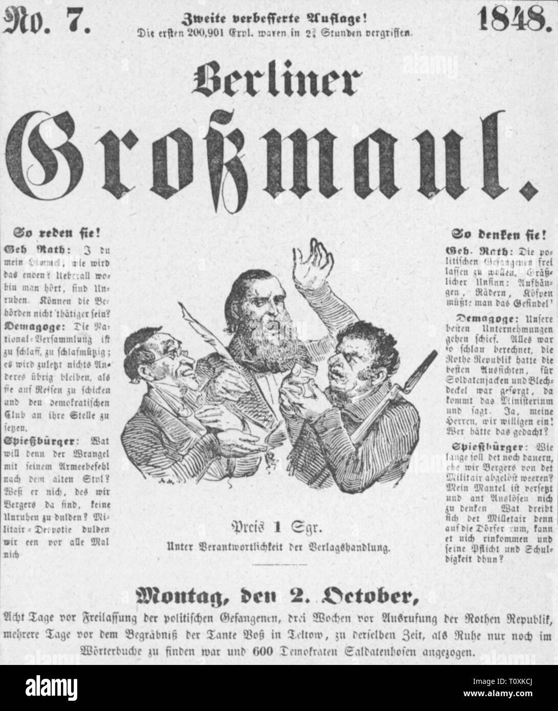 press / media, magazines, 'Berliner Grossmaul' (Berlin Loudmouth), front page, number 7, Berlin, 2.10.1848, Artist's Copyright has not to be cleared Stock Photo