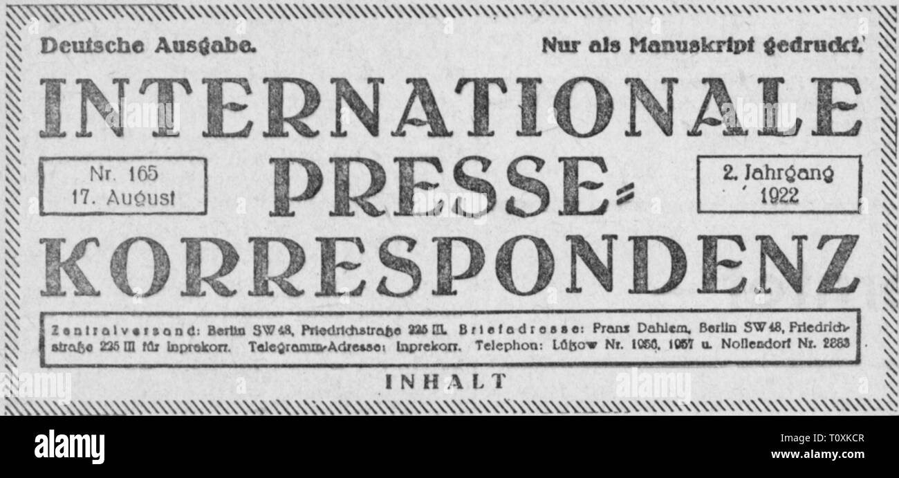 press / media, magazines, 'Internationale Pressekorrespondenz' (International Press Correspondance), German edition, front page, 2nd volume, number 165, Berlin, 17.8.1922, Additional-Rights-Clearance-Info-Not-Available Stock Photo