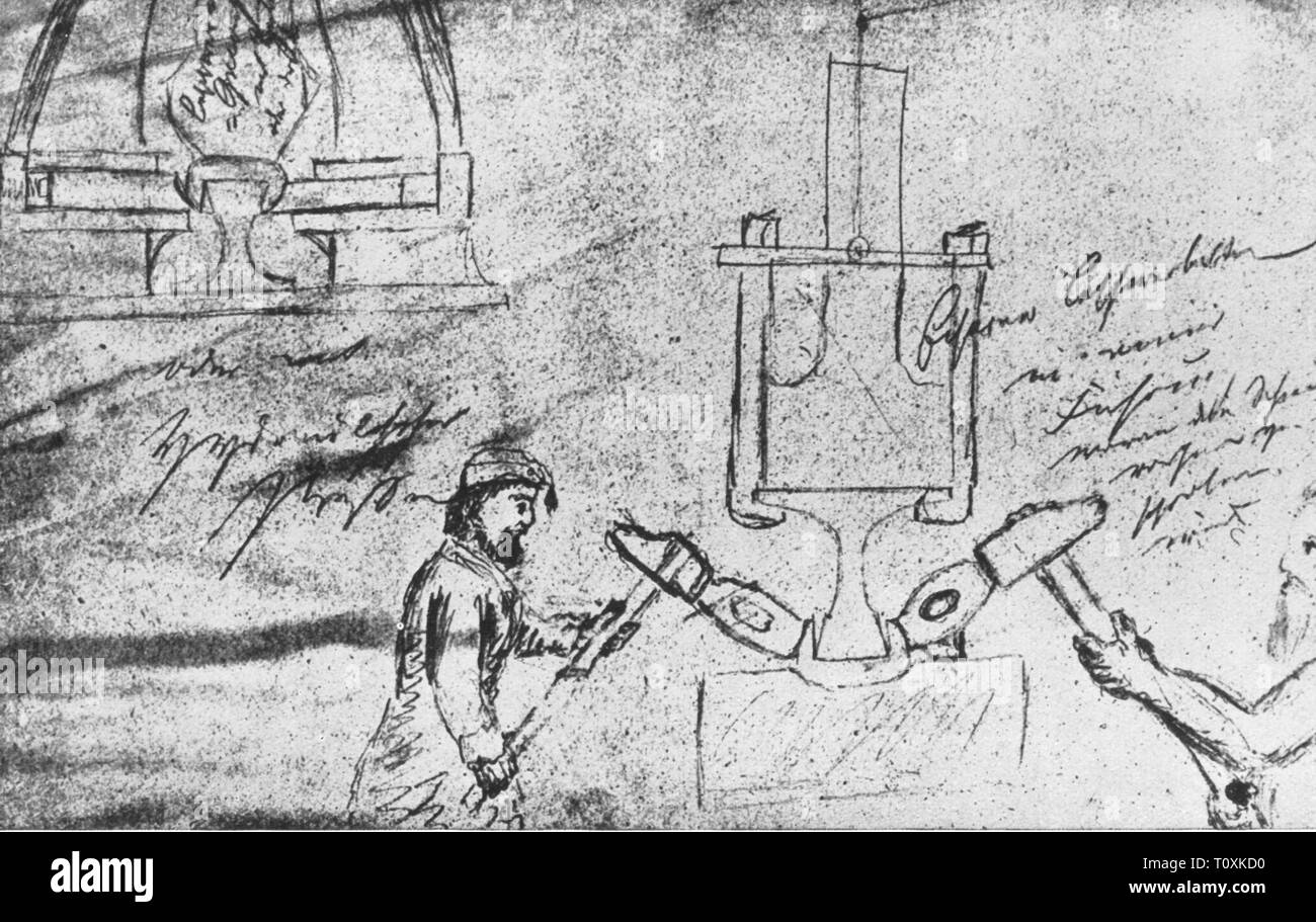 industry, metal, steel industry, two workers with hammers, drawing by Alfred Krupp, circa 1835, Additional-Rights-Clearance-Info-Not-Available Stock Photo