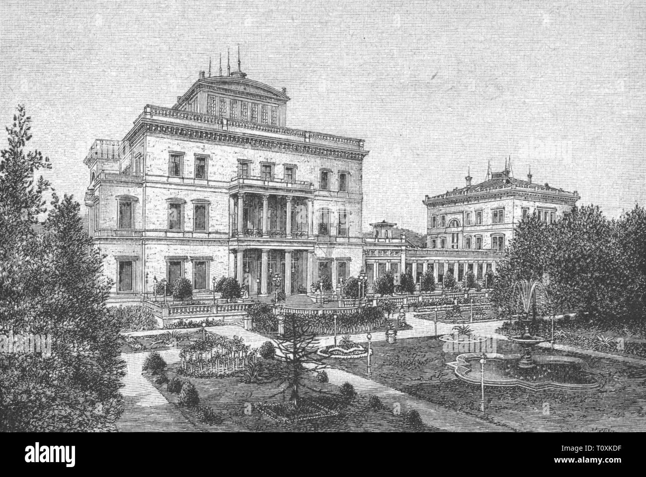 geography / travel historic, Germany, cities and communities, Essen, building, Villa Huegel, built 1869 - 1873, exterior view, wood engraving, 1887, family Krupp, home, dwelling, homes, dwellings, residential house, residential houses, house, houses, Bredeney, architecture, Ruhr area, Ruhr Valley, Europe, Kingdom of Prussia, Rhine Province, German Empire, Imperial Era, North Rhine-Westphalia, North-Rhine, Rhine, Westphalia, Nordrhein-Westfalen, Nordrhein-Westphalen, community, communities, building, buildings, historic, historical, Hugel, Hügel, , Additional-Rights-Clearance-Info-Not-Available Stock Photo