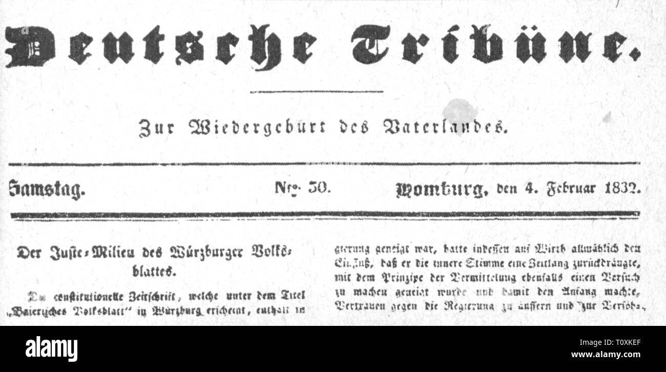 press / media, magazines, 'Deutsche Tribuene' (German Tribune), front page, editor: Johann Georg August Wirth (1798 - 1848), number 50, Hombourg, 4.2.1832, Germany, pre-March era, graphic, graphics, script, scripts, german type, masthead, title, titles, typo, typeface, type, typefaces, fonts, types, font, newspaper, newspapers, politics, policy, 19th century, press, presses, editor, editors, number, numbers, historic, historical, Tribune, Tribüne, Additional-Rights-Clearance-Info-Not-Available Stock Photo