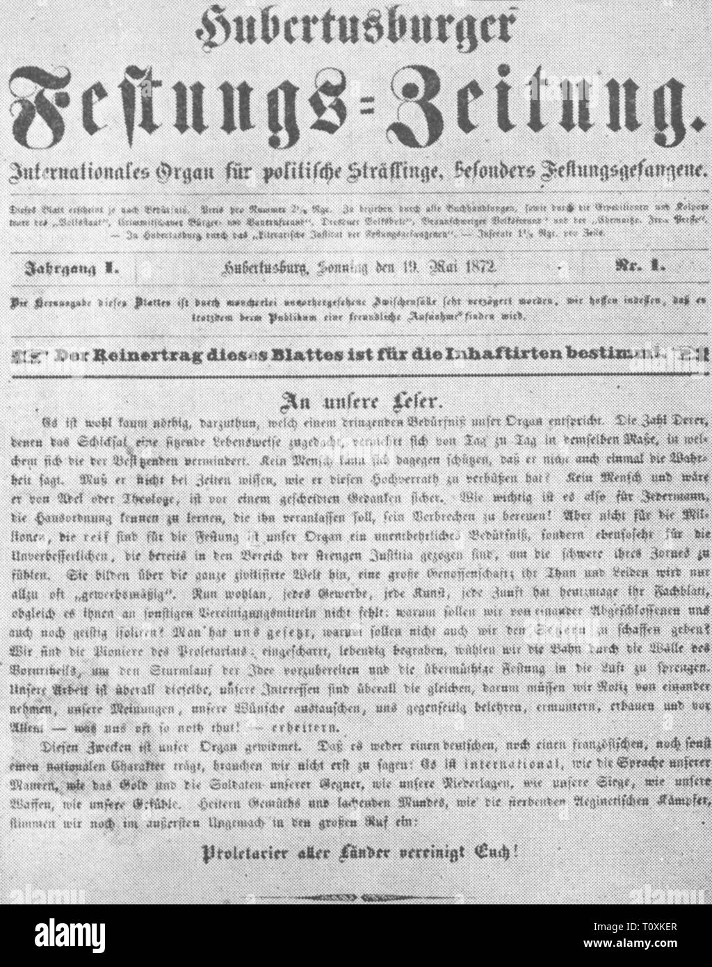 press / media, magazines, 'Hubertusburger Festungs-Zeitung', front page, volume I, number 1, Wermsdorf, 19.5.1872, Additional-Rights-Clearance-Info-Not-Available Stock Photo
