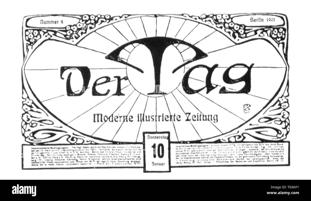 press / media, magazines, 'Der Tag' (The Day), front page, number 8, Berlin, 10.1.1901, Germany, German Empire, graphic, graphics, title, titles, masthead, script, scripts, typo, typeface, type, typefaces, fonts, types, font, Art Nouveau, Jugendstil, daily, daily newspaper, dailies, daily newspapers, 20th century, 1900s, press, presses, number, numbers, historic, historical, Additional-Rights-Clearance-Info-Not-Available Stock Photo