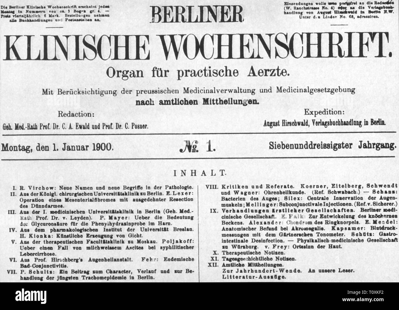 press / media, magazines, 'Berliner Klinische Wochenschrift' (Berlin Clinical Weekly), front page, 37th volume, number 1, Berlin, 1.1.1900, Additional-Rights-Clearance-Info-Not-Available Stock Photo
