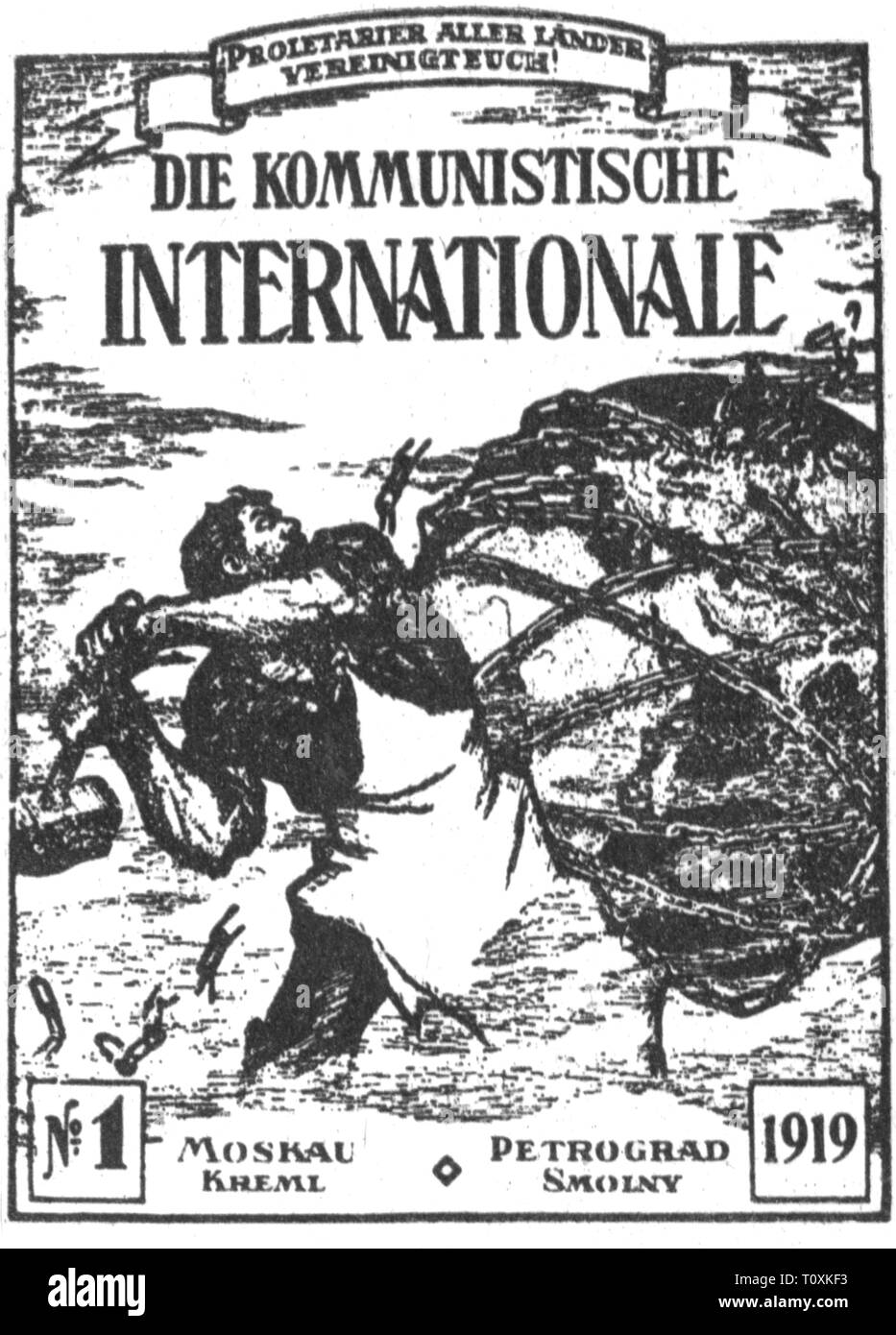 politics, international organization, Communist International (Comintern), journal of the executive committee, German edition, front page, number 1, Moscow / Petrograd, 1919, communism, propaganda, worker, workers, chain, chains, hammer, hammers, world, worlds, globe, world ball, globes, world balls, Soviet Union, Russia, Third International, 1910s, 10s, 20th century, historic, historical, people, Additional-Rights-Clearance-Info-Not-Available Stock Photo