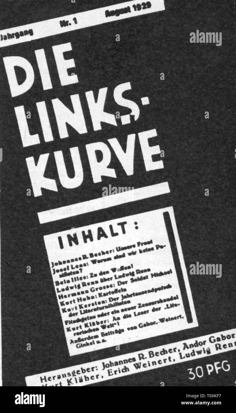press / media, magazines, 'Die Linkskurve', front page, 1st volume, number 1, Berlin, 1.8.1929, Germany, Weimar Republic, graphic, graphics, title, titles, masthead, script, scripts, typo, typeface, type, typefaces, fonts, types, font, literature, literary magazine, communism, 20th century, 1920s, press, presses, volume, volumes, number, numbers, historic, historical, Additional-Rights-Clearance-Info-Not-Available Stock Photo