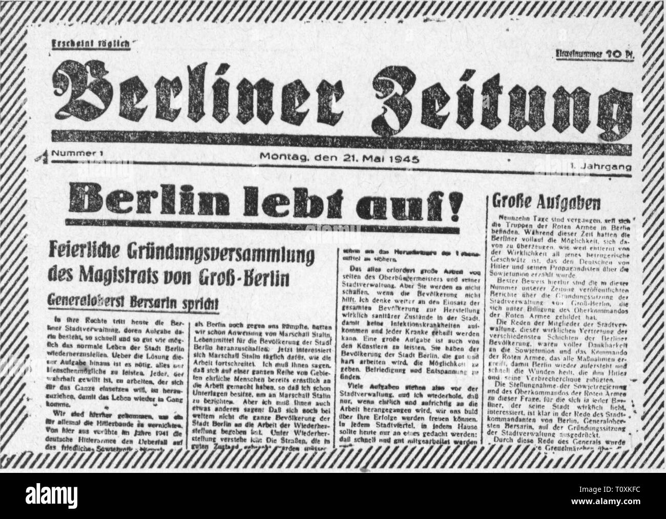 press / media, magazines, 'Berliner Zeitung', front page, 1st volume, number 1, Additional-Rights-Clearance-Info-Not-Available Stock Photo