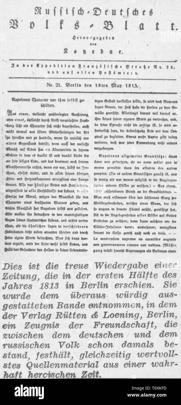 press / media, magazines, 'Russisch-Deutsches Volksblatt' (Russian-German People's Paper), front page, editor: August von Kotzebue (1761 - 1819), number 21, Berlin, 13.5.1813, Germany, Prussia, war of liberation, liberation war, graphic, graphics, title, titles, masthead, script, scripts, german type, Russisch - Deutsches, typo, typeface, type, typefaces, fonts, types, font, 19th century, press, presses, editor, editors, number, numbers, historic, historical, Additional-Rights-Clearance-Info-Not-Available Stock Photo