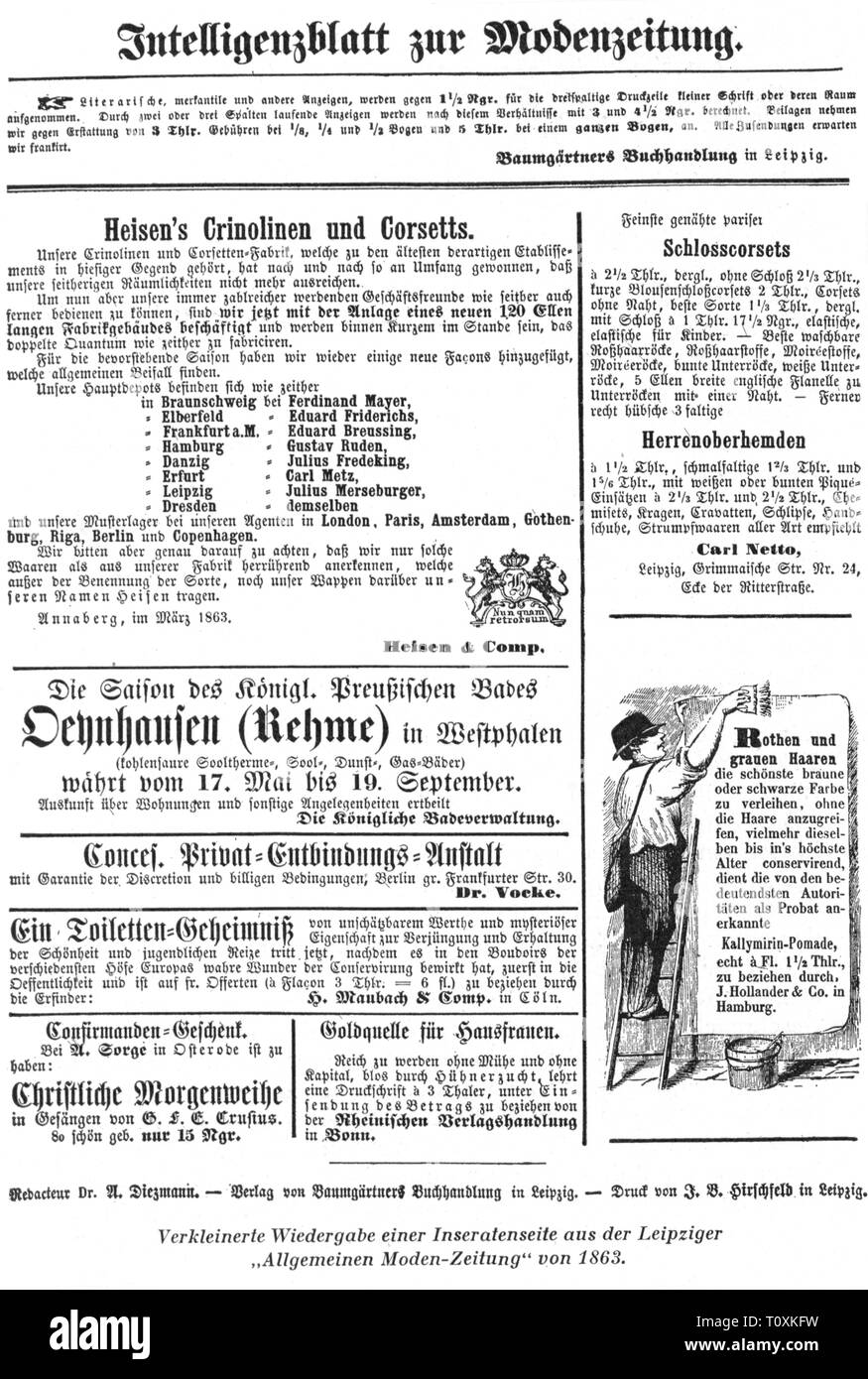 advertising, press / media, ad-page, from: 'Allgemeine Moden-Zeitung', Leipzig, 1863, Artist's Copyright has not to be cleared Stock Photo