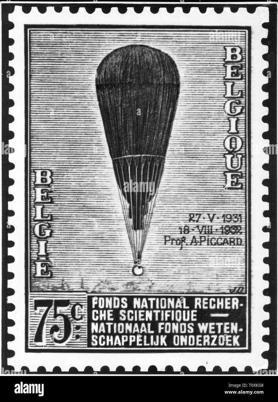 mail, postage stamps, Belgium, 75 centimes special issue, high-altitude  balloon of Auguste Piccard, design: Jean de Bast, date of issue:  26.11.1932, Additional-Rights-Clearance-Info-Not-Available Stock Photo -  Alamy