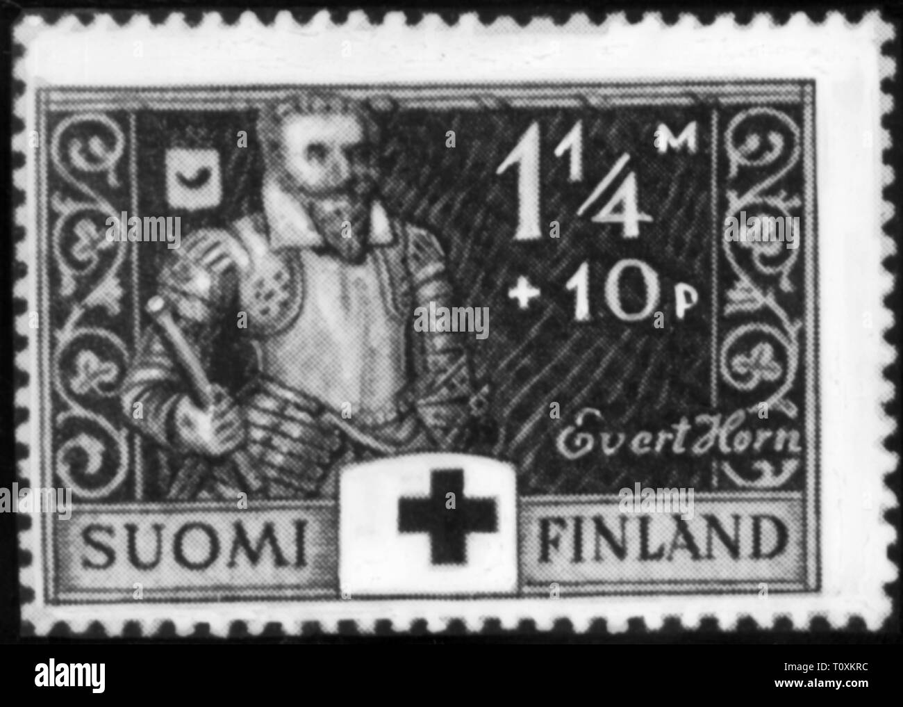 mail, postage stamps, Finland, 1 1/4 markka + 10 penniae special issue, in favour of the Red Cross, series Finnish war heroes, field marshal Evert Horn, date of issue: 20.1.1934 Evert Karlsson Horn af Kanckas, Swedish general, Finnish markka, Finnmark, pfennig, penny, Pfennigs, military, half length, people, 20th century, 1930s, mail, post, postage stamps, postage stamp, cross, crosses, historic, historical, pennia, penniä, Additional-Rights-Clearance-Info-Not-Available Stock Photo