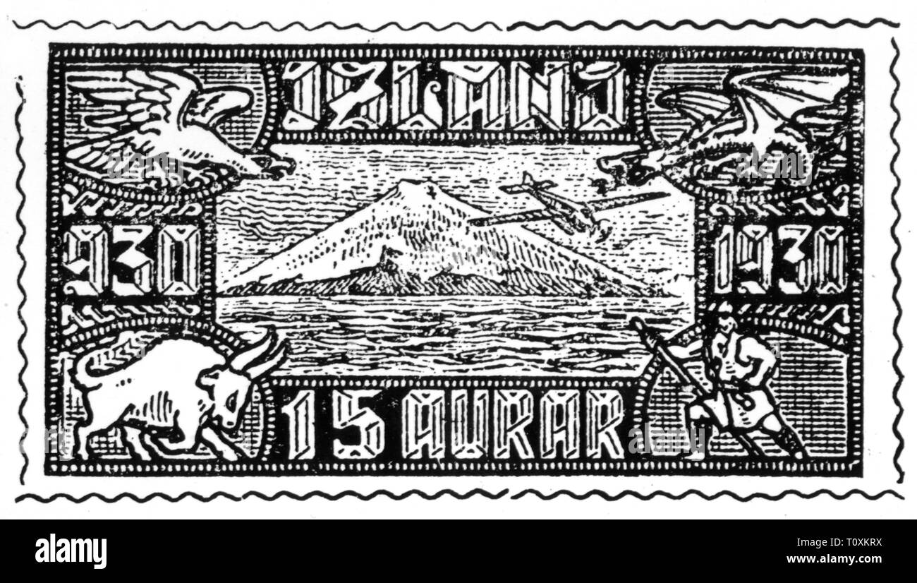 mail, postage stamps, Iceland, 15 aurar airmail special issue, millenium celebration of the Althing, date of issue: 1930, Additional-Rights-Clearance-Info-Not-Available Stock Photo