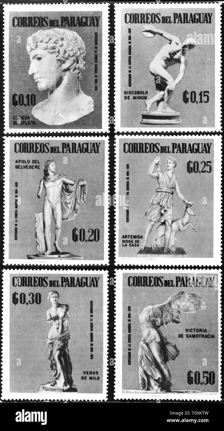 mail, postage stamps, Paraguay, special issues of 10, 15, 20, 25, 30 and 50 centimos, series famous sculpture, date of issue: 1967, head of an athletes, discobolus of Myron, Apollo Belvedere, Artemis of Versailles, Venus de Milo, Nike of Samothrace, fine arts, art, ancient world, ancient times, 20th century, 1960s, mail, post, postage stamps, postage stamp, sculpture, sculptures, historic, historical, Additional-Rights-Clearance-Info-Not-Available Stock Photo