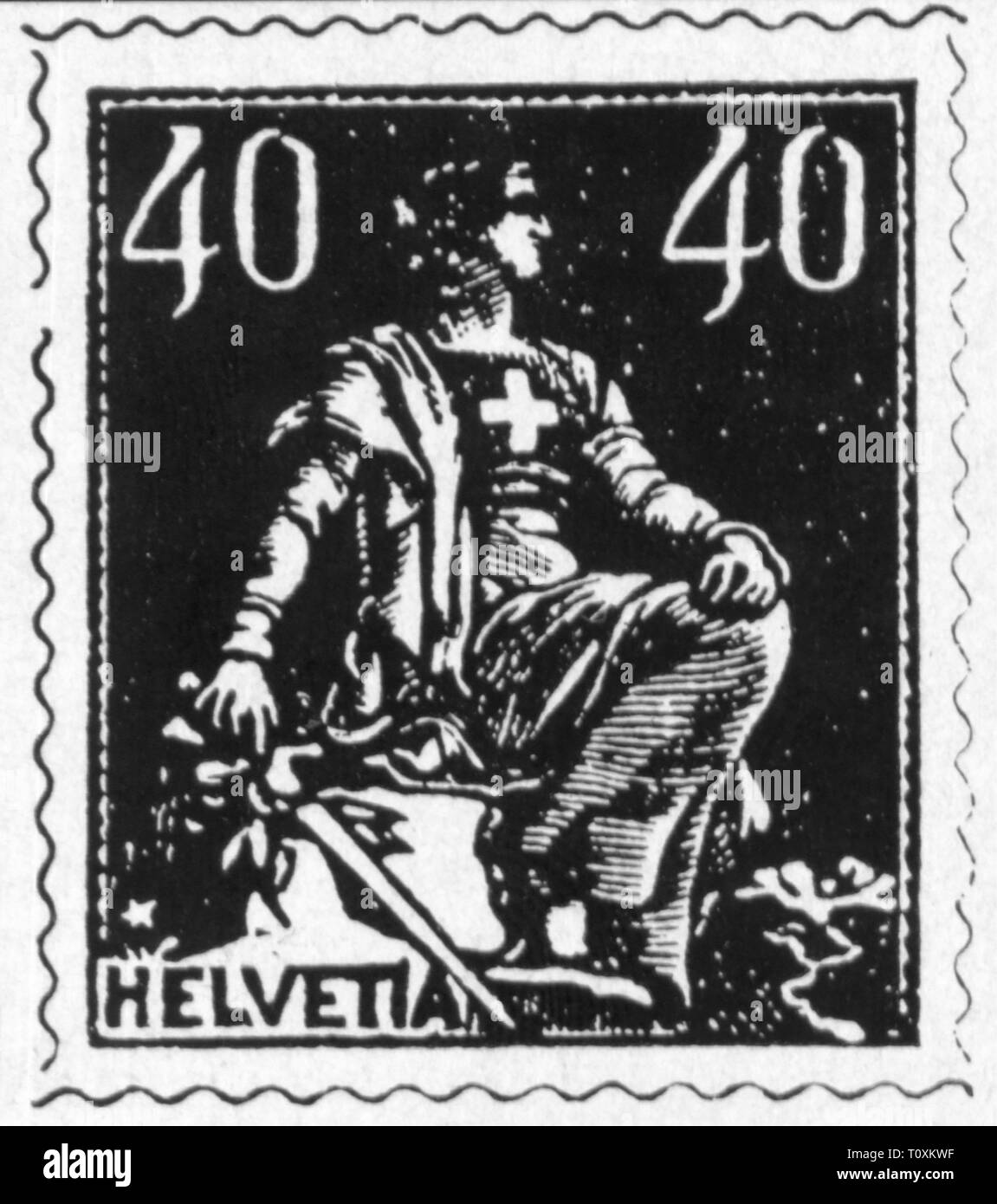 mail, postage stamps, Switzerland, 40 Rappen postage stamp, series sitting Helvetia, date of issue: November 1918, Additional-Rights-Clearance-Info-Not-Available Stock Photo