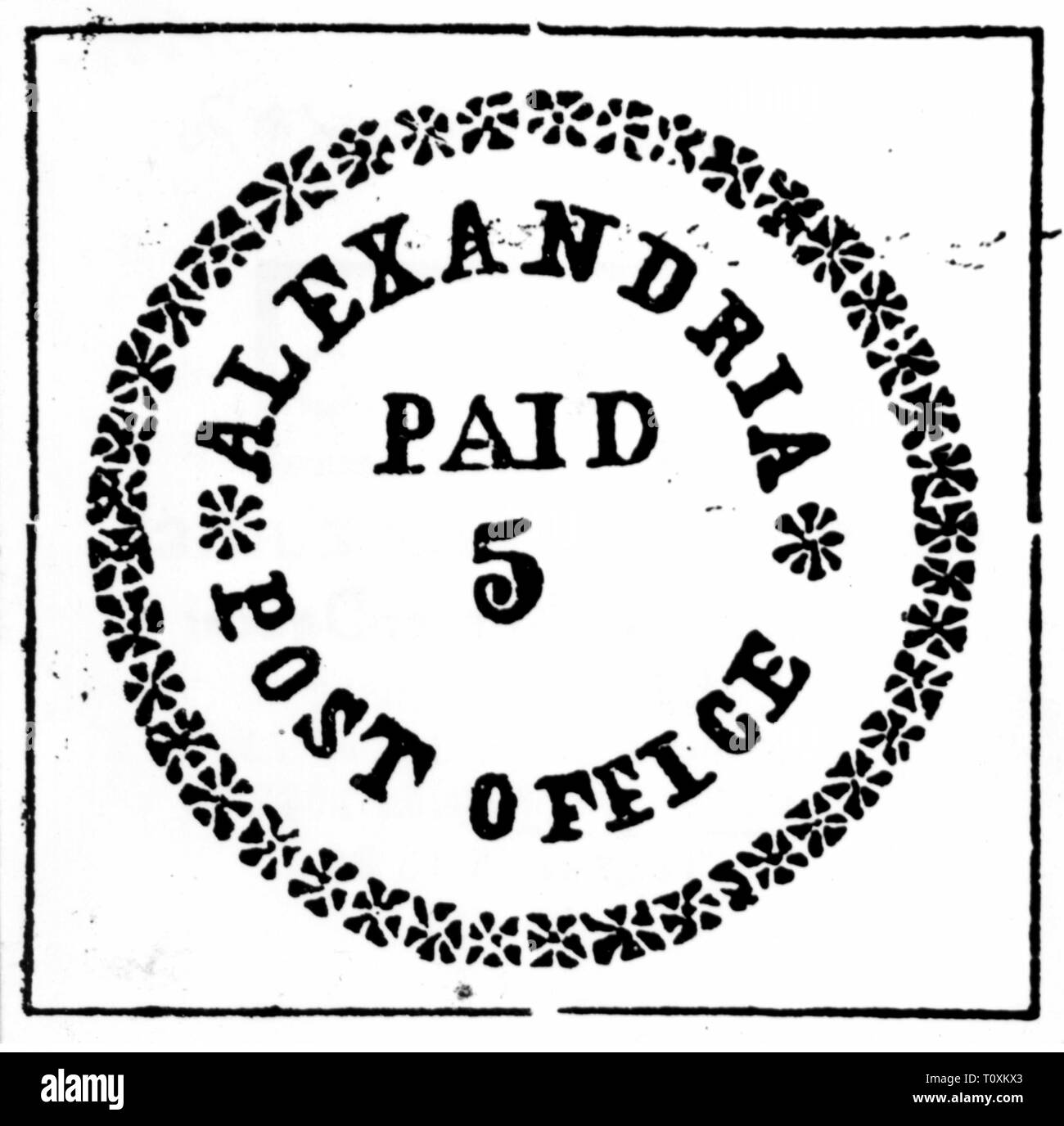 mail, postage stamps, USA, 5 cent Postmaster Provisional postage stamp, Alexandria, Virginia, 1846, Additional-Rights-Clearance-Info-Not-Available Stock Photo