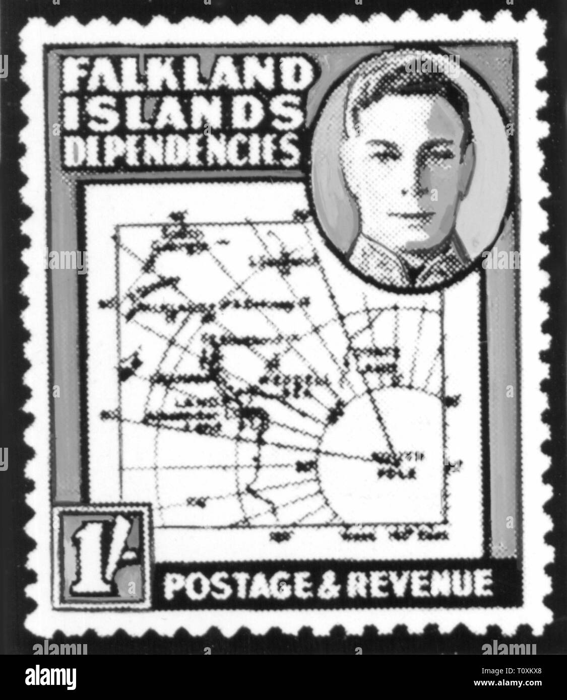 mail, postage stamps, Falkland Islands, 10 shilling postage and revenue stamp, portrait of King George VI, part of the Antarctic claim by Great Britain, date of issue: 1946, Additional-Rights-Clearance-Info-Not-Available Stock Photo