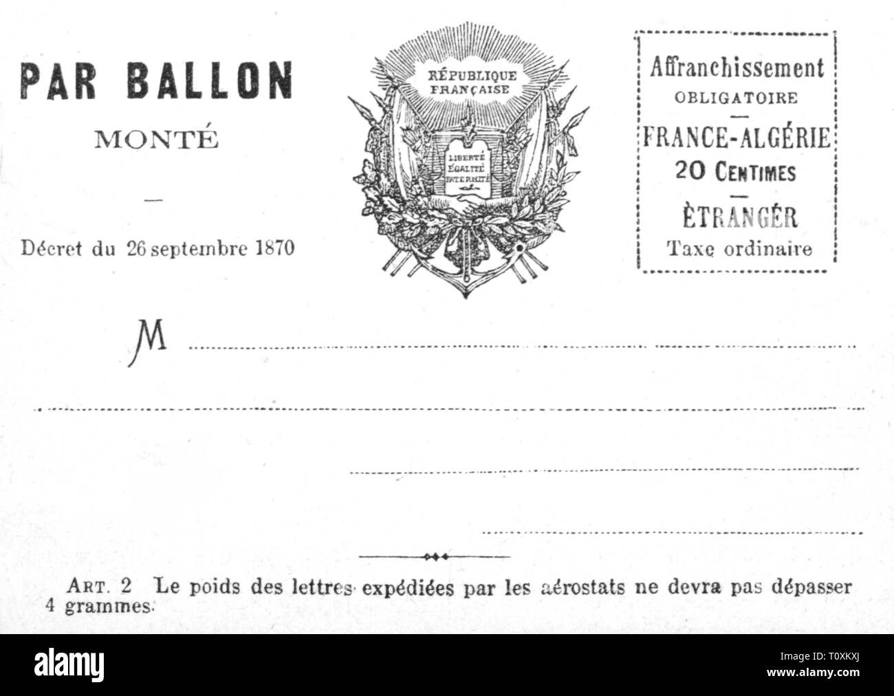 mail, envelope, envelope of the French balloon mail, after the decree of  26.9.1870, obverse, balloons, balloon, airmail, by air-mail,  Franco-Prussian War 1870 - 1871, Franco, Prussian, siege of Paris, , Second  Republic,