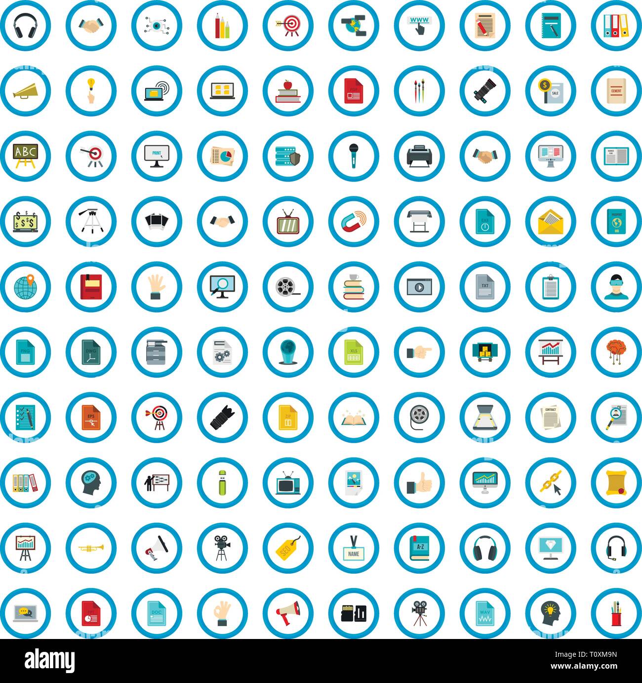 100 library advertising icons set, flat style Stock Vector Image & Art ...