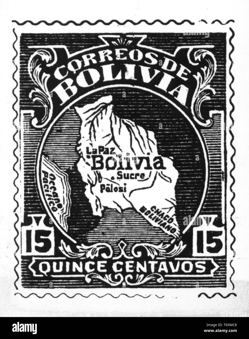 mail, postage stamps, Bolivia, 15 centavos postage stamp, map, date of issue: 1919, Additional-Rights-Clearance-Info-Not-Available Stock Photo