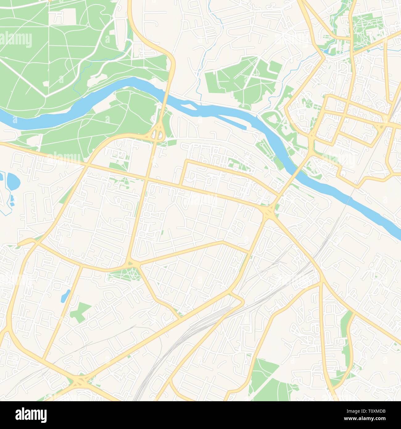 Printable map of Grodno, Belarus with main and secondary roads and larger railways. This map is carefully designed for routing and placing individual  Stock Vector