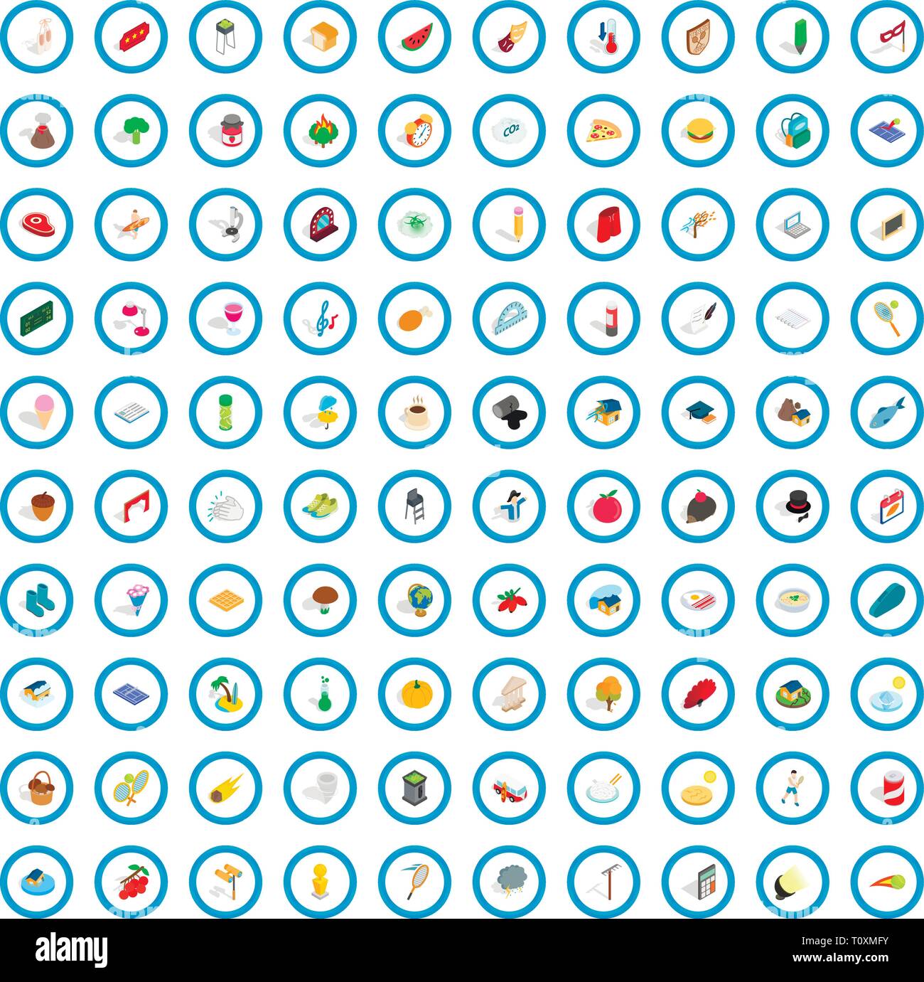 100 life icons set, isometric 3d style Stock Vector