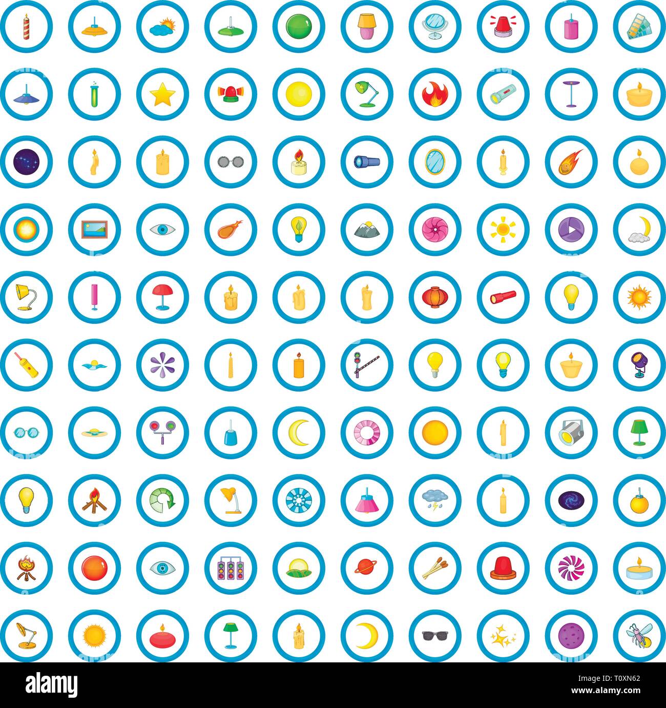 100 light icons set, cartoon style Stock Vector
