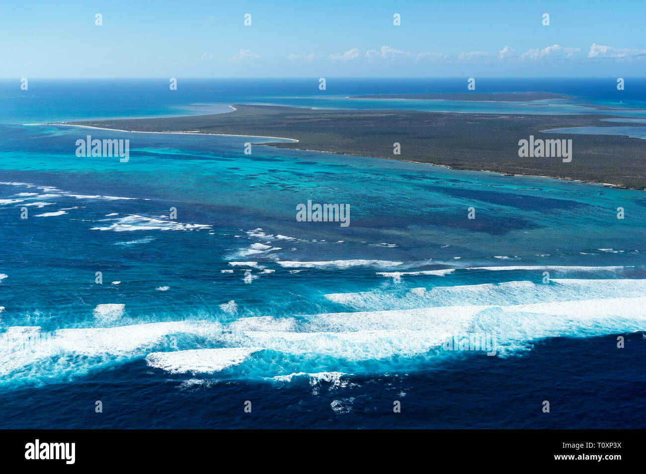 West Wallabi island in the Houtman Abrolhos as seen from the air. (Note: these images are not shot through glass, the plane door is off).   The Houtma Stock Photo