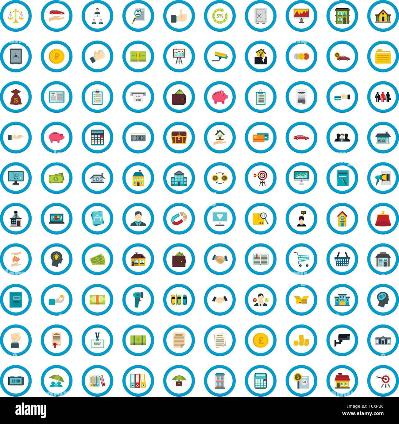 100 loan icons set, flat style Stock Vector