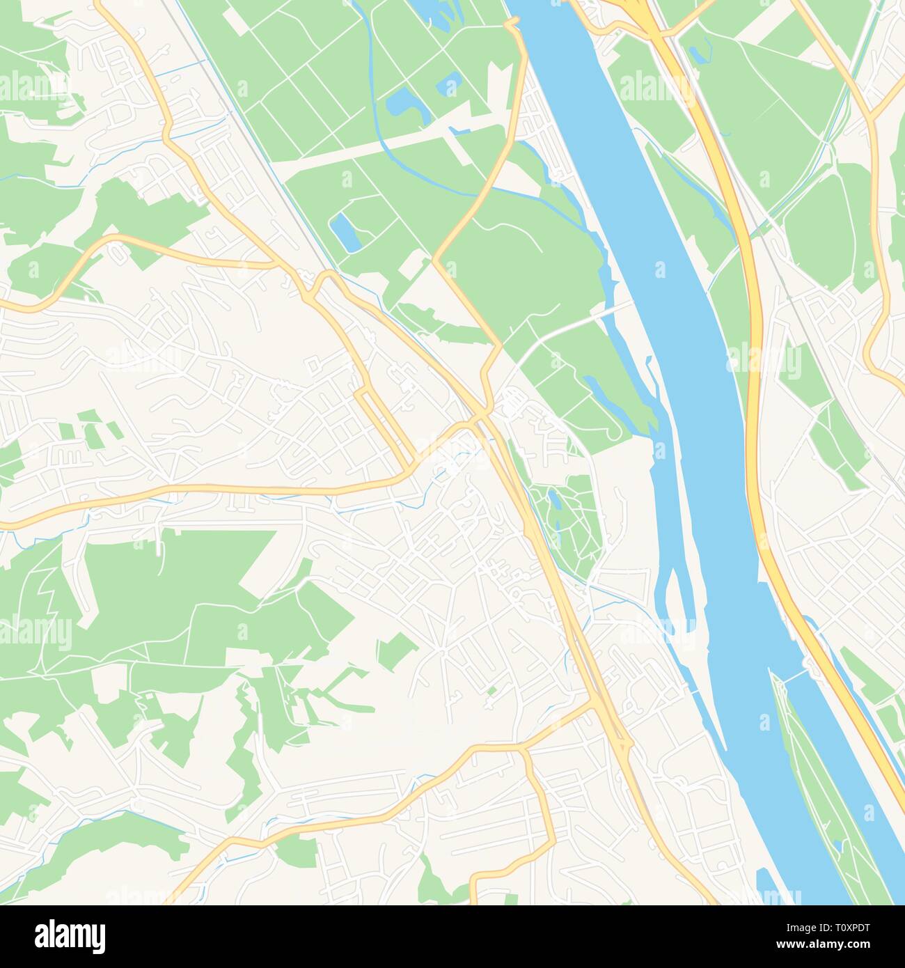 Printable map of Klosterneuburg, Austria with main and secondary roads and larger railways. This map is carefully designed for routing and placing ind Stock Vector