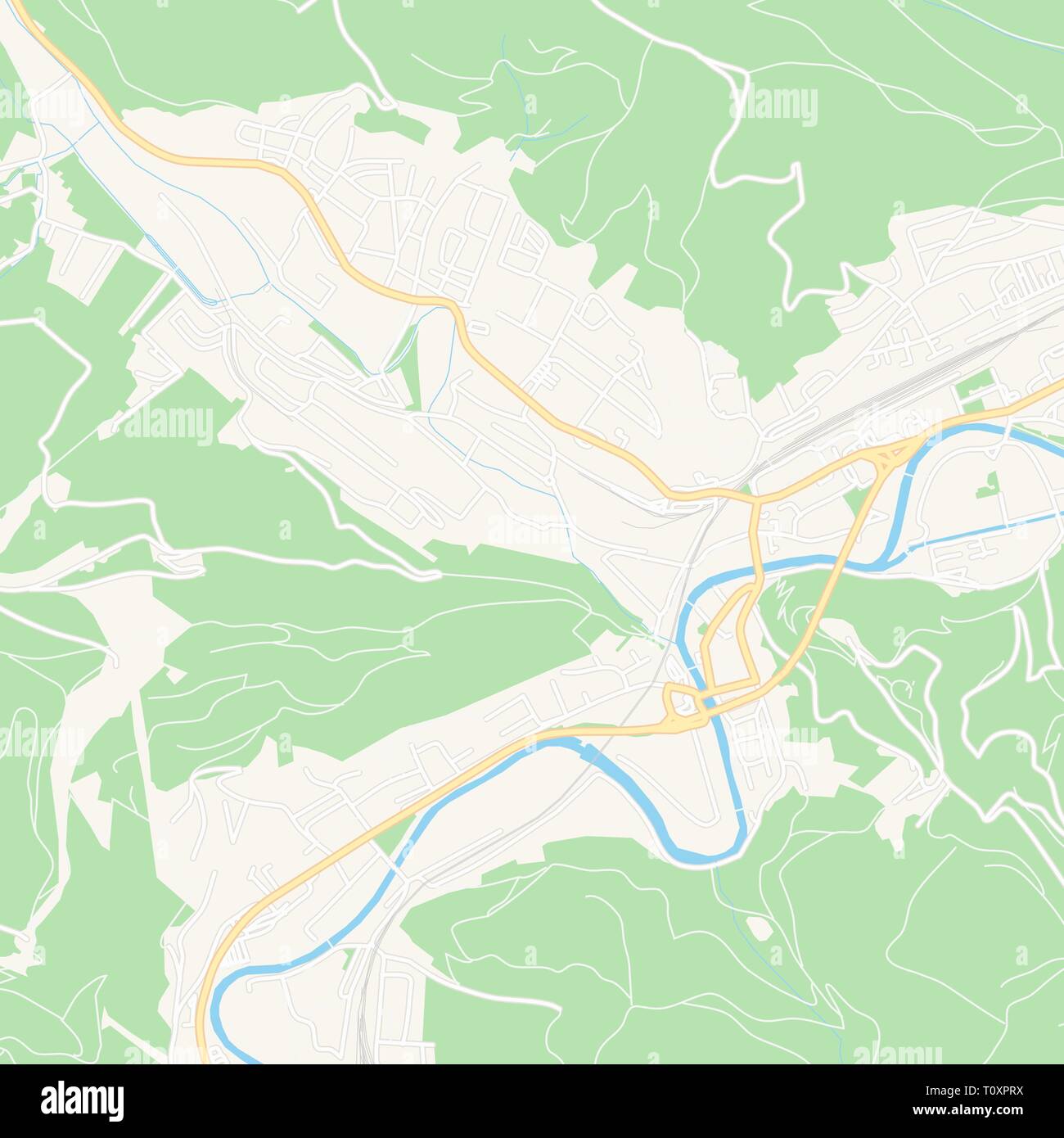 Printable map of Kapfenberg, Austria with main and secondary roads and larger railways. This map is carefully designed for routing and placing individ Stock Vector
