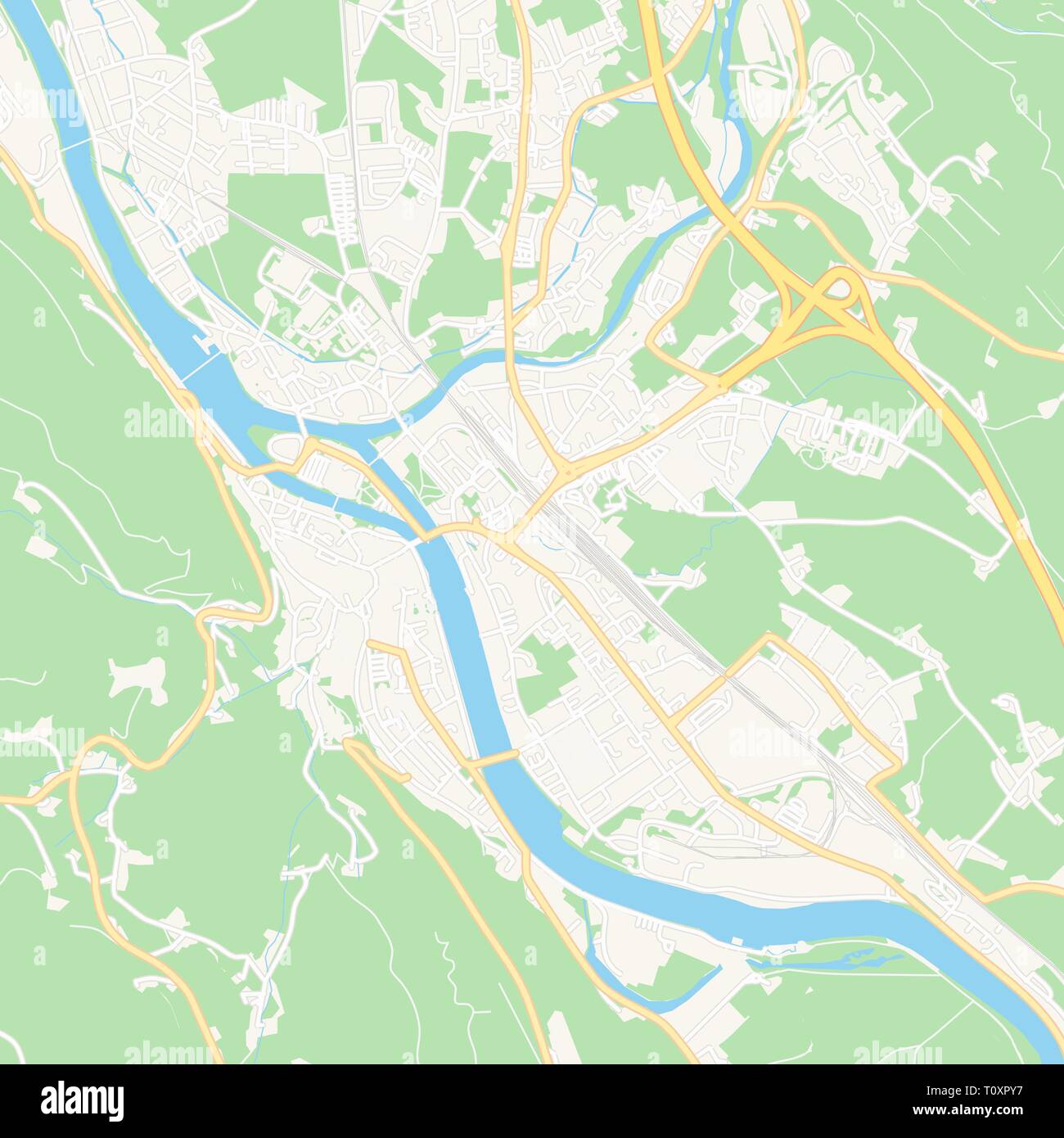 Printable map of Hallein, Austria with main and secondary roads and larger railways. This map is carefully designed for routing and placing individual Stock Vector