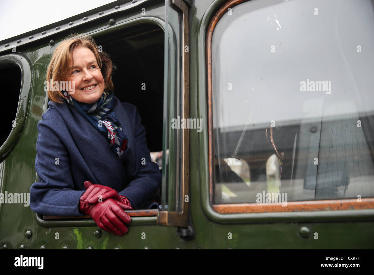 Penny Vaudoyer, the daughter of Alan Pegler who saved the Flying Scotsman from the scrap heap, at Swanage Railway in Dorset on board the Flying Scotsman ahead of its first trip. The Flying Scotsman was purchased by the National Railway Museum in 2004, and restored in a £4.2 million, ten-year project funded by the National Heritage Memorial Fund and the Heritage Lottery Fund as well as from public donations. Stock Photo
