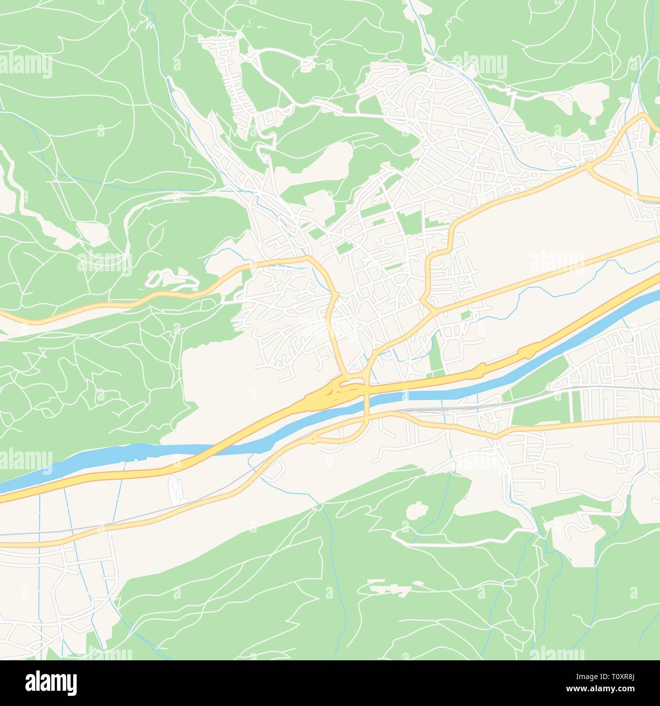 Printable map of Telfs, Austria with main and secondary roads and larger railways. This map is carefully designed for routing and placing individual d Stock Vector