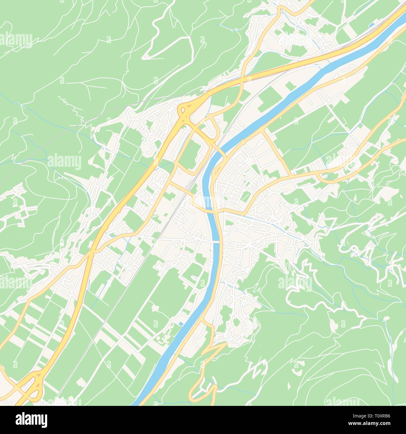 Printable map of Schwaz, Austria with main and secondary roads and larger railways. This map is carefully designed for routing and placing individual  Stock Vector